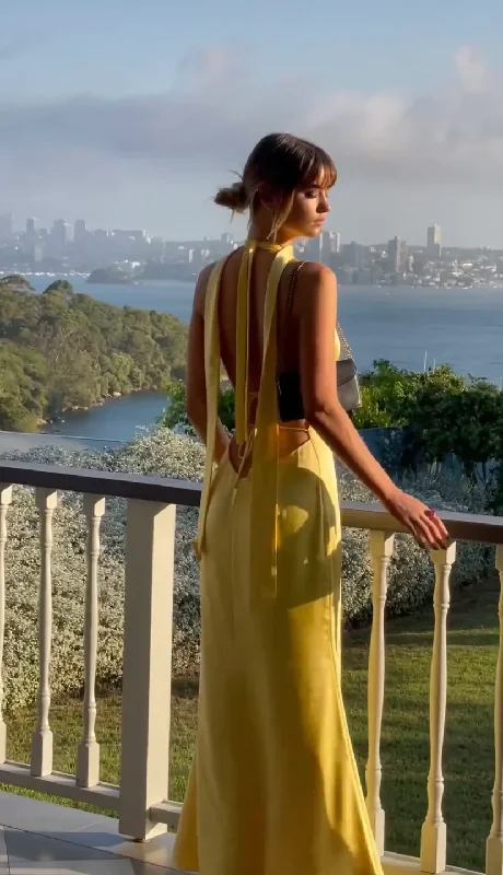 Yellow Halter Backless Satin Elegant Long Party Dress, DP2003